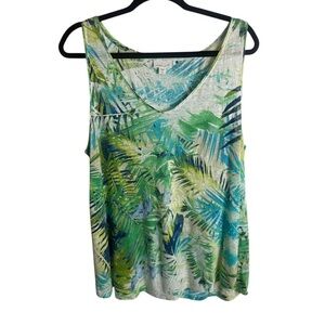 J Jill Love Linen Size Large Tall Tank Top Tropical Leaf Print V Neck Costal